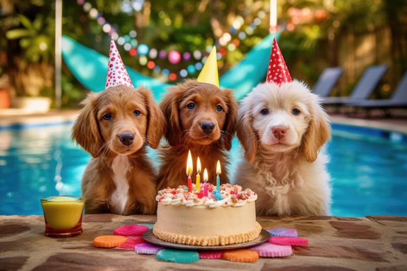 3 chiens fetent un anniversaire dans une piscine alliance piscines