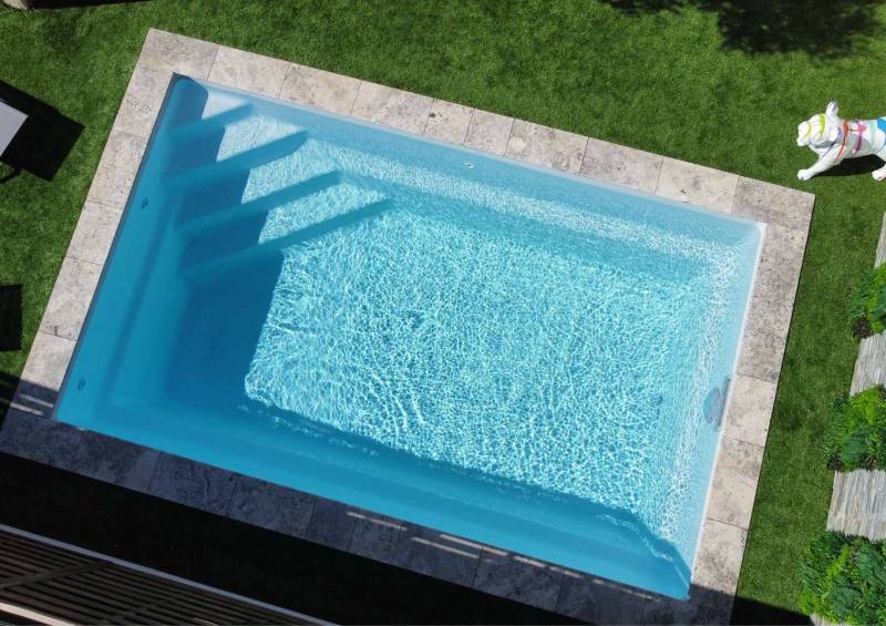 jardin avec piscine et pelouse