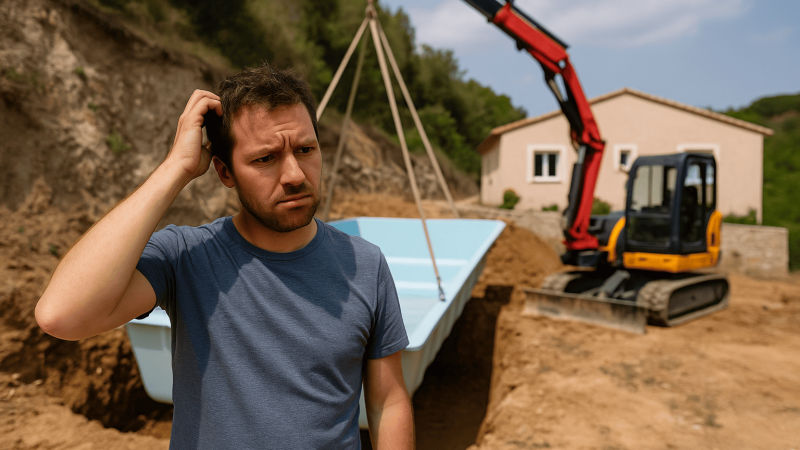 Installation d’une piscine coque polyester sur un terrain pentu dans le Var, avec intervention par grue. Alliance Piscines 83 propose des solutions adaptées même sur les terrains difficiles d’accès.
