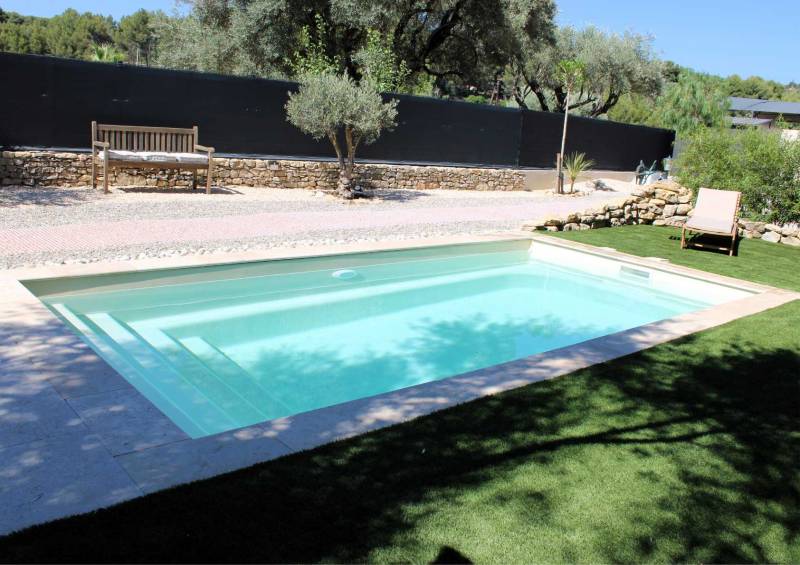 piscine jardin avec pelouse et margelles