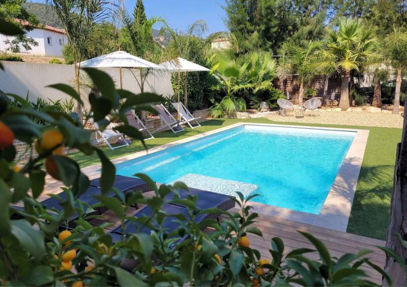 piscine avec pelouse sur terrasse