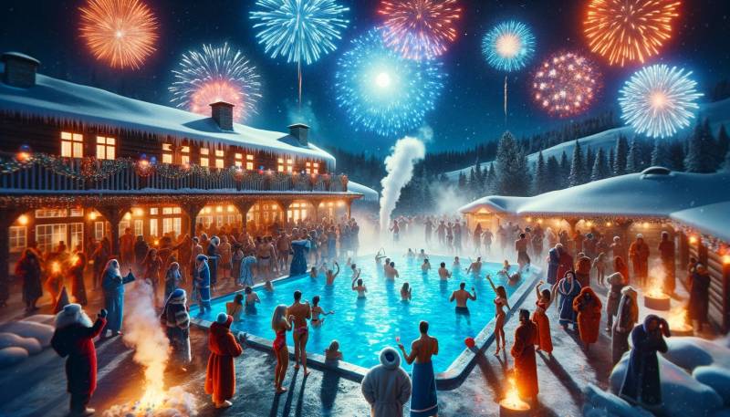 Piscine coque avec feux d'artifice pour les fêtes de fin d'année