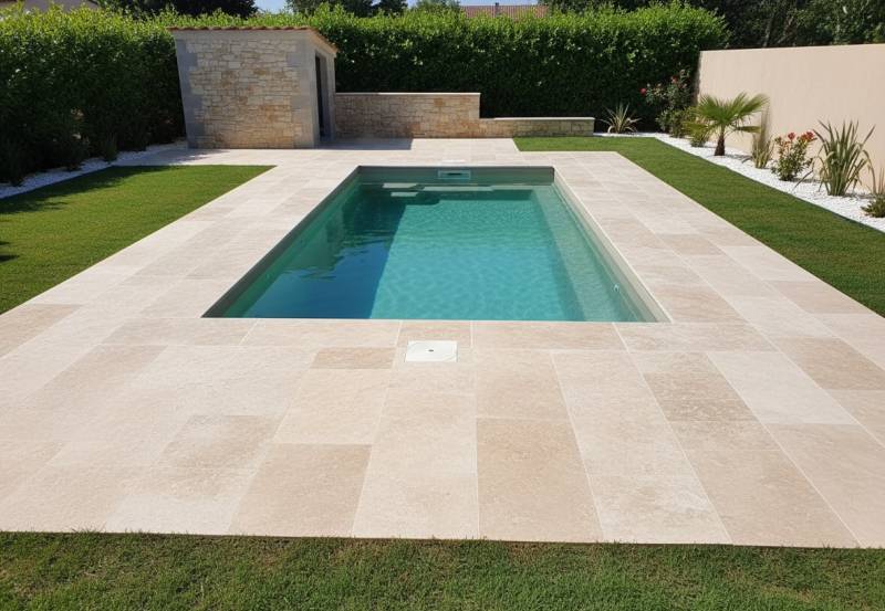 Piscine coque polyester Vert Luberon dans jardin avec mur en pierre, ambiance naturelle et moderne.