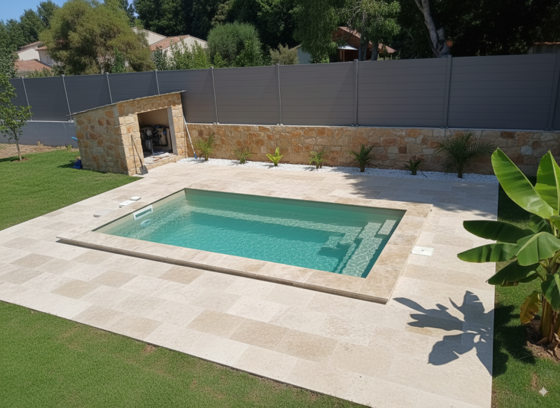Piscine coque couleur Vert bali dans un jardin moderne avec plage en pierre et transats, eau gris-vert élégante et naturelle